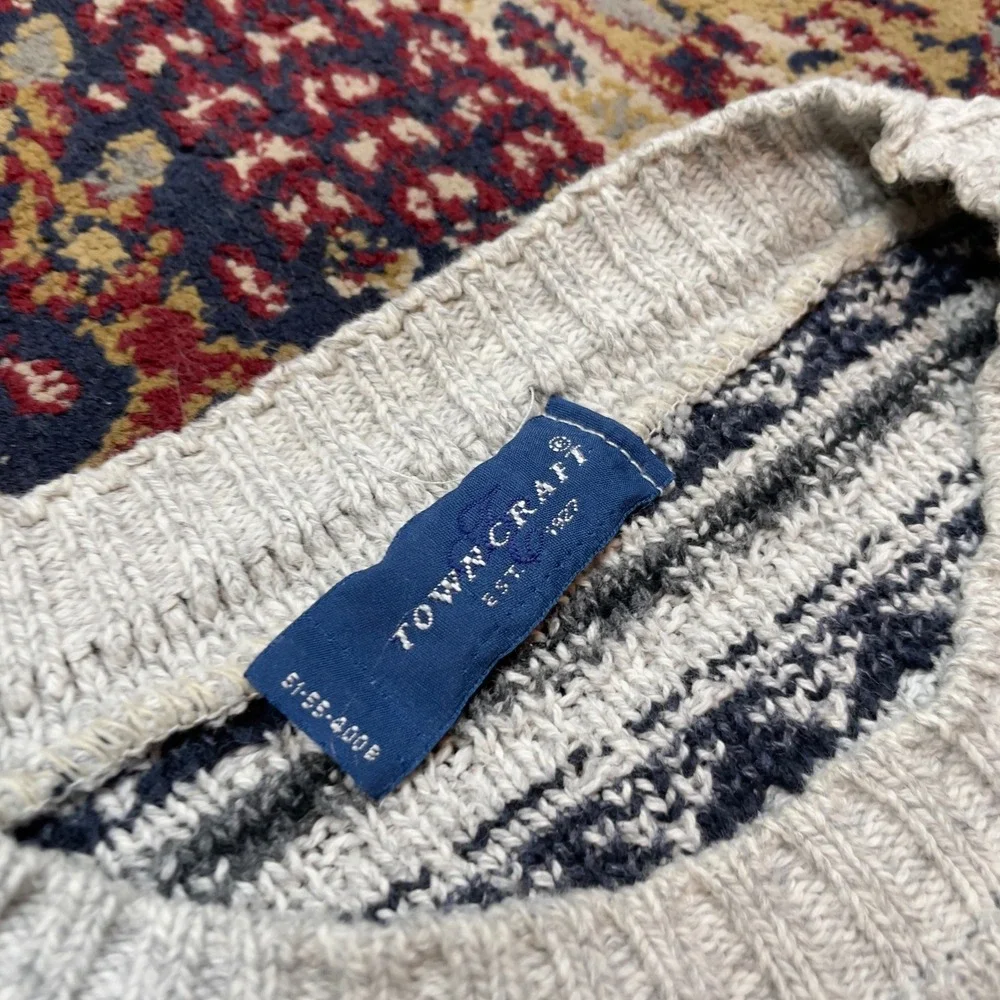 VTG 80s 90s Towncraft Birdseye Pattern Knit Cotton Sweater Cream Navy Blue USA L